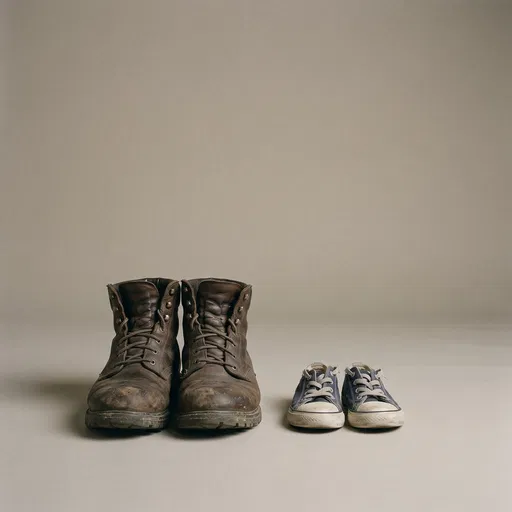Worn Adult Boots Beside Small Child Sneakers