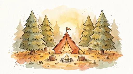 Watercolor Autumn Woodland Campsite Illustration