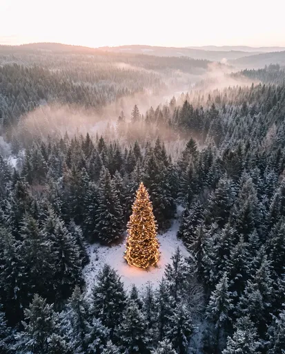 Glowing Christmas Tree in Snowy Forest