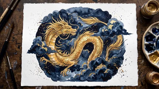 Golden Dragon Watercolor and Ink Flat Lay