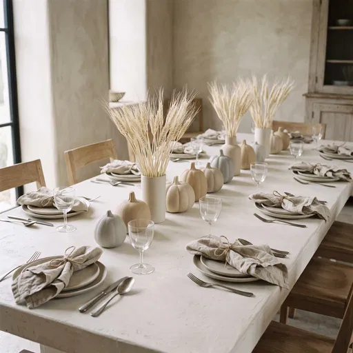 Minimalist Neutral Thanksgiving Table Setting with Wheat