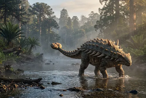Ankylosaurus Wading Through Misty Prehistoric River
