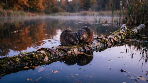 Two Muskrats Resting on Mossy Pond Log
