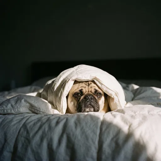 Sleepy Pug Under White Comforter