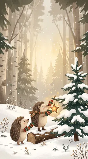 Hedgehogs Decorating a Snowy Christmas Tree