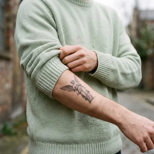 Man Showing Forearm Angel Tattoo