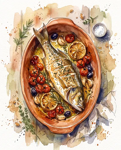 Watercolor Mediterranean Baked Snapper Illustration