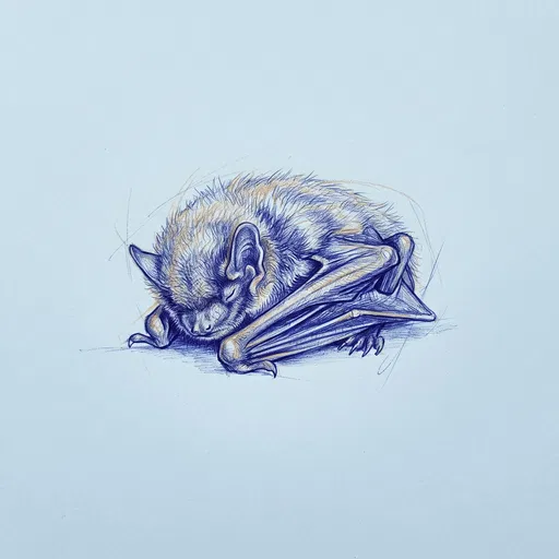 Blue Ink Sketch of Sleeping Bat