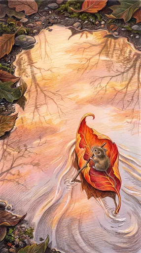 Mouse Sailing on Autumn Leaf Illustration