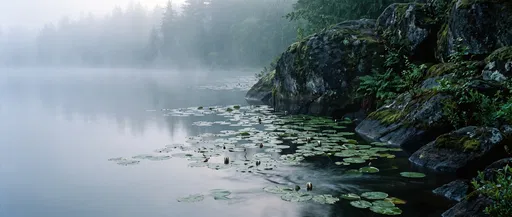 Misty Lily Pond and Mossy Boulders