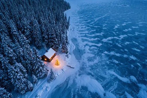 Aerial Winter Cabin and Christmas Tree