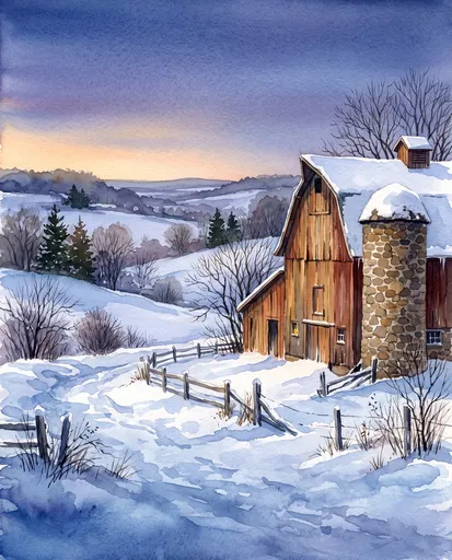 Watercolor Winter Barn and Stone Silo