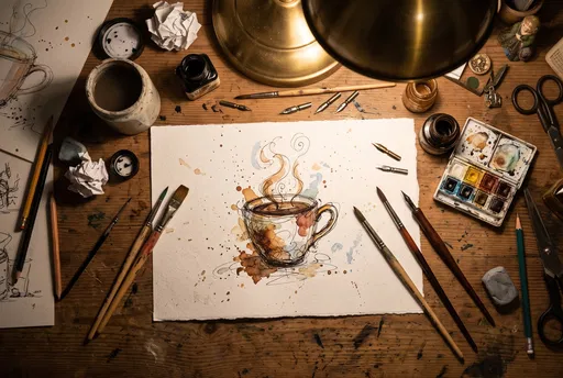 Artist Desk with Coffee Watercolor Sketch