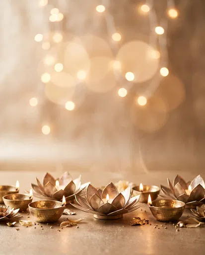 Golden Lotus Candle Holders and Brass Diyas