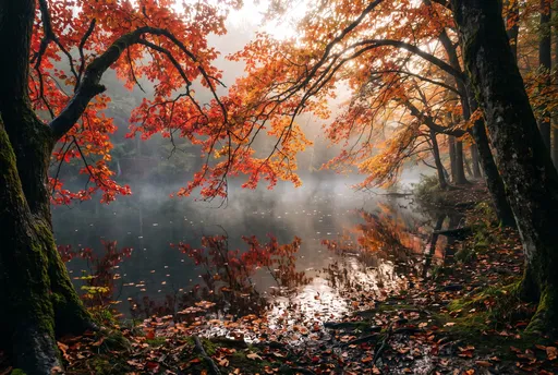 Misty Autumn Lake With Glowing Red Leaves