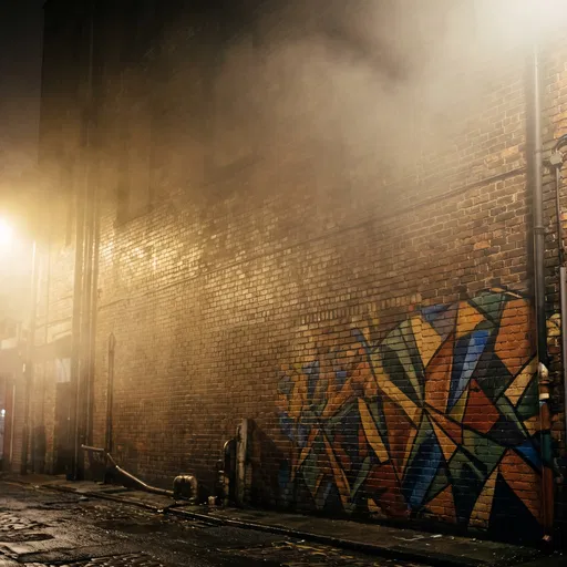 Misty Brick Alley With Geometric Graffiti