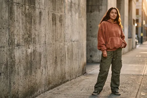 Woman in Streetwear by Concrete Wall