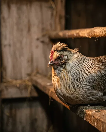 Crested Hen Roosting in Wooden Coop