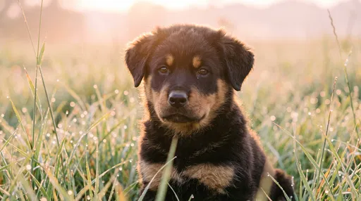Fluffy Puppy in Dewy Sunrise Grass