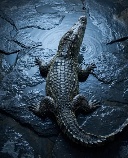 Overhead View of Crocodile on Wet Slate