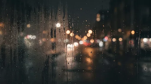 Rain-Streaked Window with Night Bokeh