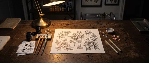 Tattoo Artist Desk With Peony Flash Sheet