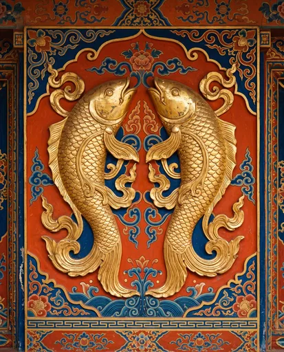 Ornate Golden Fish Temple Wall Relief