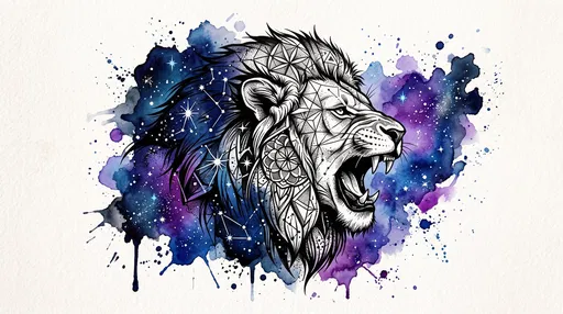 Cosmic Geometric Lion Watercolor Tattoo Illustration