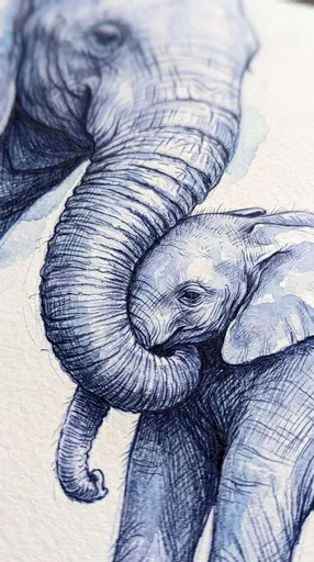Blue Watercolor Sketch of Elephant and Calf