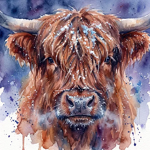 Watercolor Portrait of Snowy Highland Cow