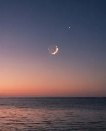 Crescent Moon Over Twilight Ocean
