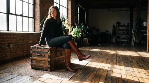 Woman in Boots on Vintage Trunk