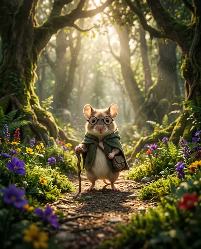 Whimsical Mouse Traveler on Forest Path