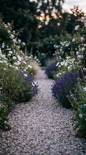 Gravel Garden Pathway With Flowers at Dusk