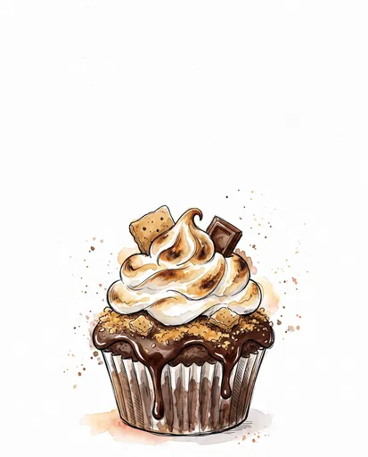 Watercolor S'mores Cupcake Illustration