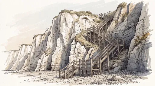 Ink Illustration of Coastal Cliffs and Staircase