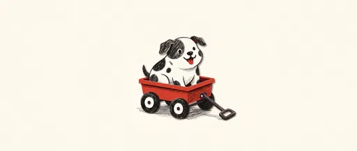Spotted Puppy in Red Wagon Illustration