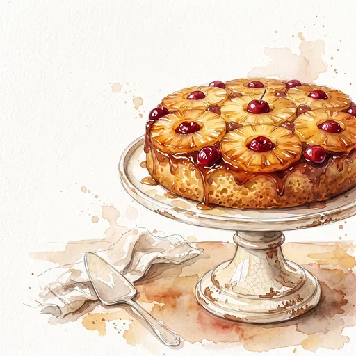 Watercolor Pineapple Upside-Down Cake Illustration