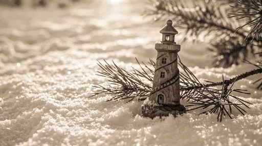 Carved Wooden Lighthouse Ornament in Snow