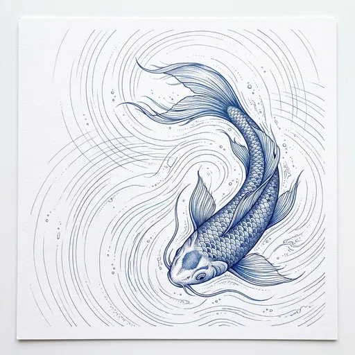 Blue Ink Koi Fish Drawing