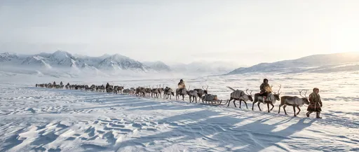 Reindeer Caravan Crossing Snowy Mountain Valley