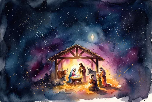 Watercolor Christmas Nativity Scene at Night