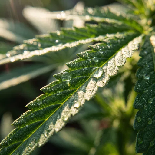 Morning Dew on Cannabis Leaf