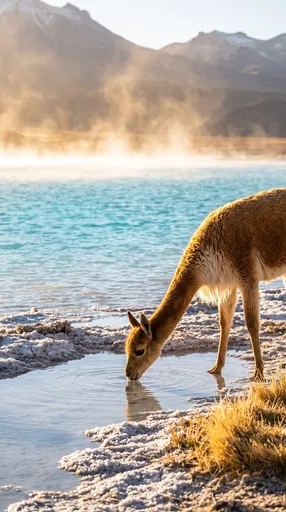 Vicuna Drinking at Misty Salt Lagoon