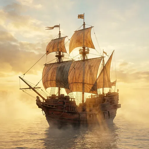 Wooden Sailing Ship in Golden Mist