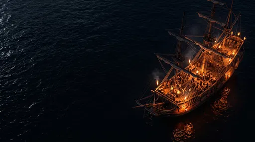 Torchlit Pirate Ship on Dark Ocean