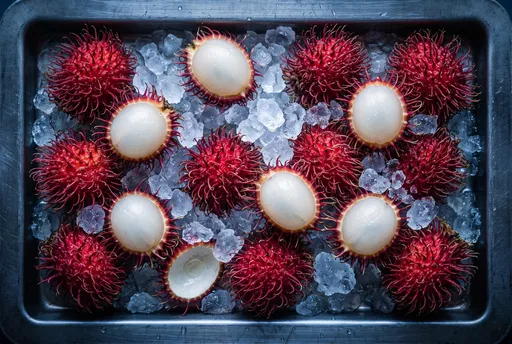 Fresh Red Rambutans on Crushed Ice
