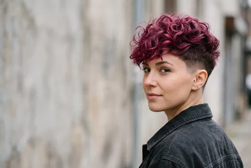 Woman With Curly Magenta Undercut Pixie