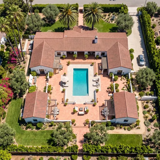 Aerial View of California Ranch House Courtyard