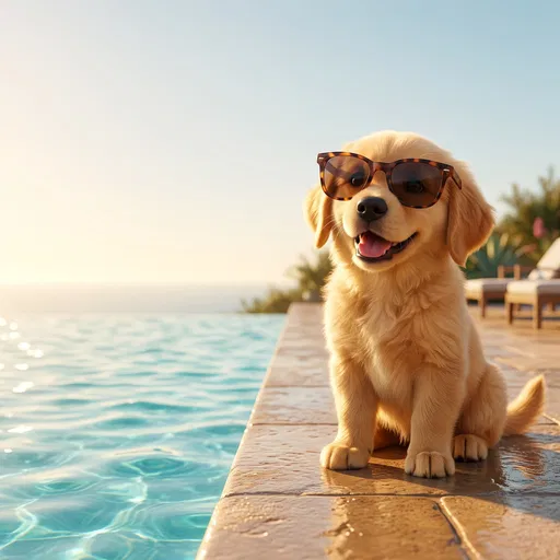 Golden Retriever Puppy Wearing Sunglasses by Pool